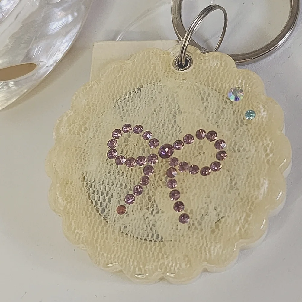 Set of 2 Acrylic Lace Flower / Mirror Keychain Purse Charm Rhinestone Bow
